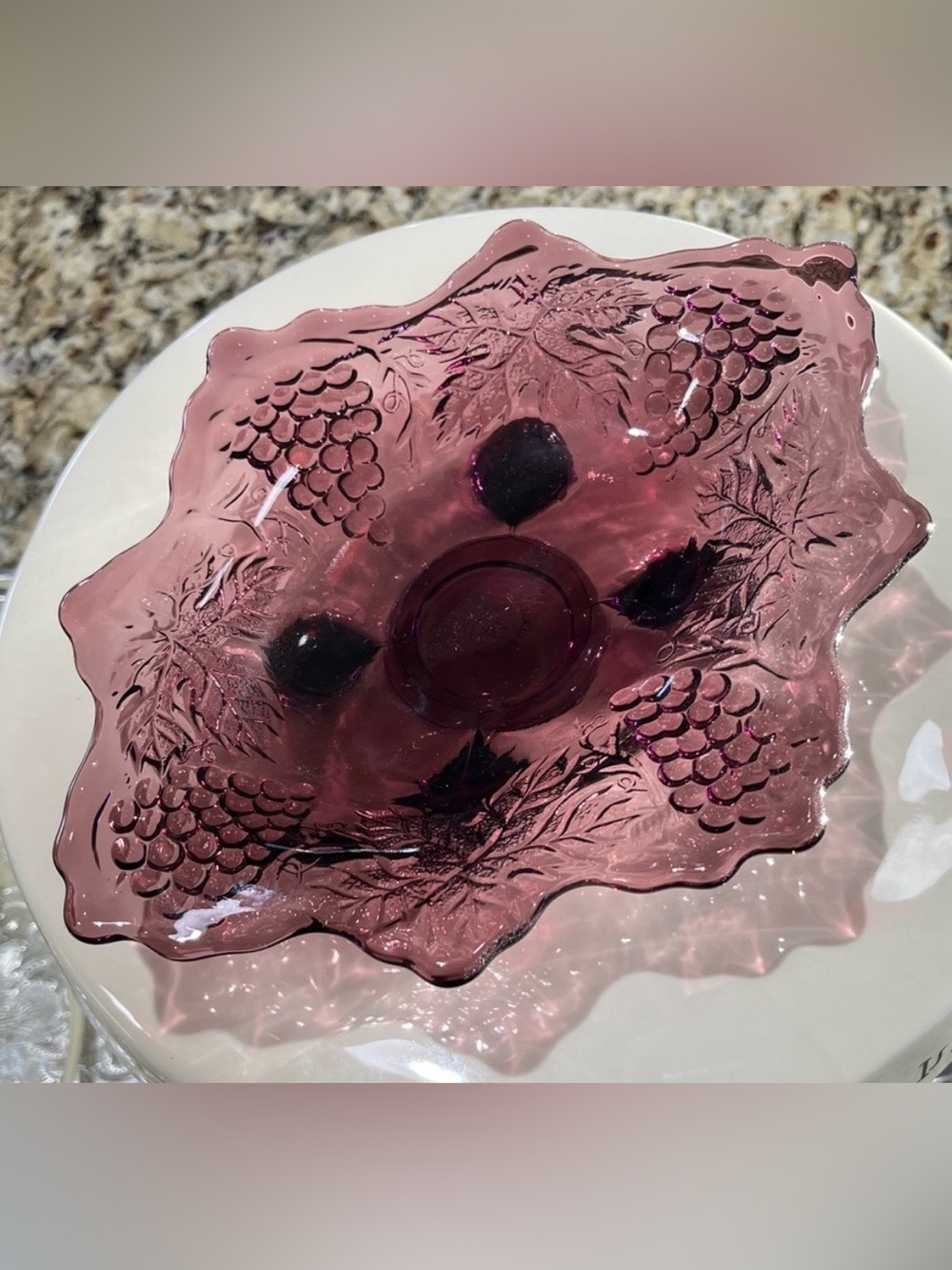 Vintage Mosser Glass Amethyst Footed Bowl – Grape & Leaf Pattern – 8.5”